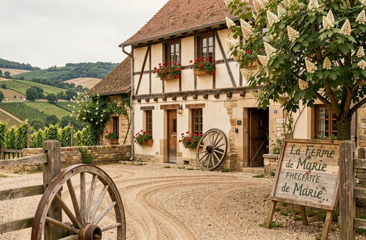 Ferme alsacienne restaurée de La Ferme de Marie à Rangen avec colombages traditionnels et géraniums rouges aux fenêtres