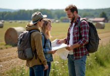 Camping sur terrain agricole : règles à respecter en France Ferme française avec fermier souriant et campeurs