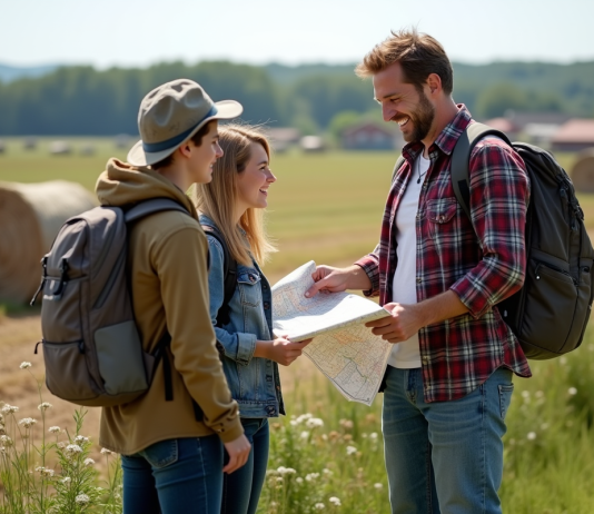 Ferme française avec fermier souriant et campeurs