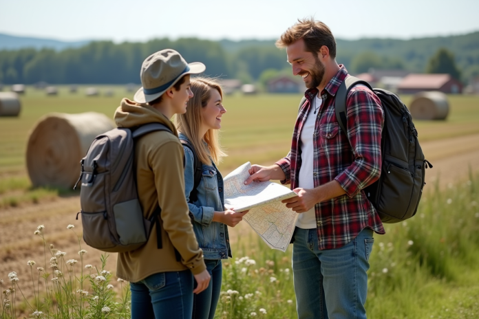 Ferme française avec fermier souriant et campeurs