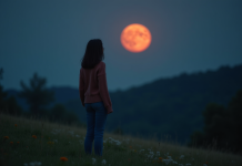 Jeune femme regardant la lune rouge en pleine nuit