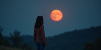 Lune de sang : signification, origine et phénomène décryptés Jeune femme regardant la lune rouge en pleine nuit