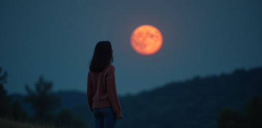 Lune de sang : signification, origine et phénomène décryptés Jeune femme regardant la lune rouge en pleine nuit