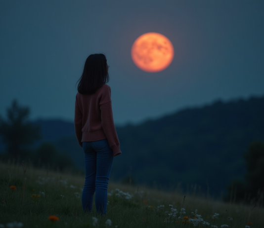 Lune de sang : signification, origine et phénomène décryptés Jeune femme regardant la lune rouge en pleine nuit