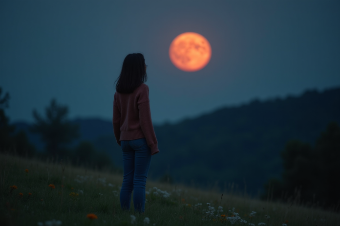 fille-lune-rouge-nuit Jeune femme regardant la lune rouge en pleine nuit