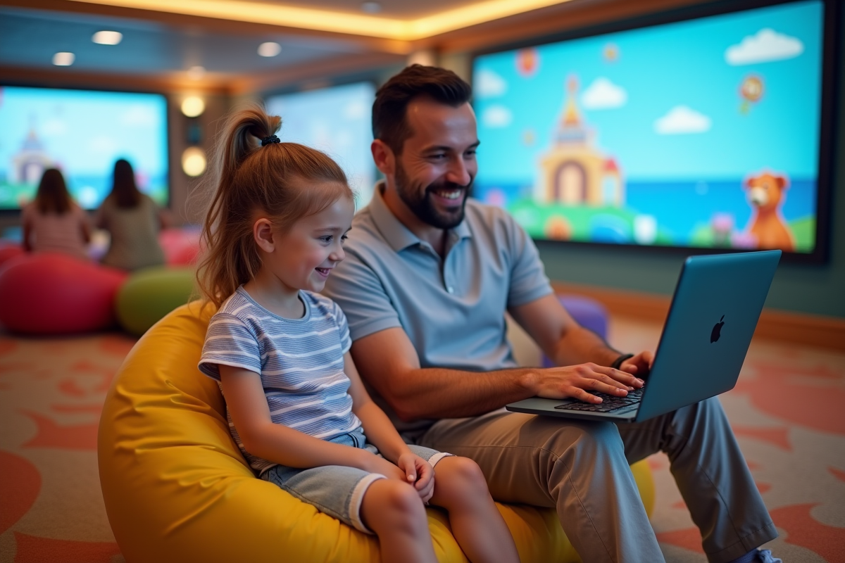 Fille et père explorant un espace de jeux interactifs en intérieur