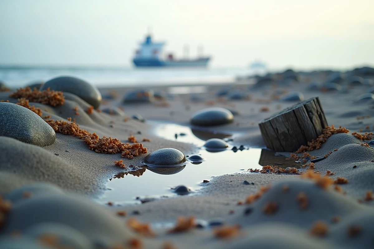 Gros plan sur les galets et le sable mouillé d'une plage normande avec l'estuaire de la Seine en arrière-plan