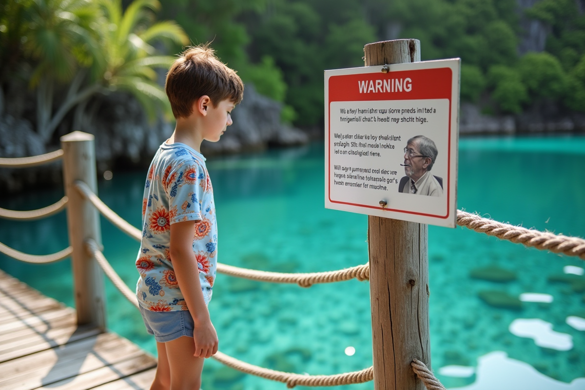 Garçon regardant un panneau de protection du corail sur le pont
