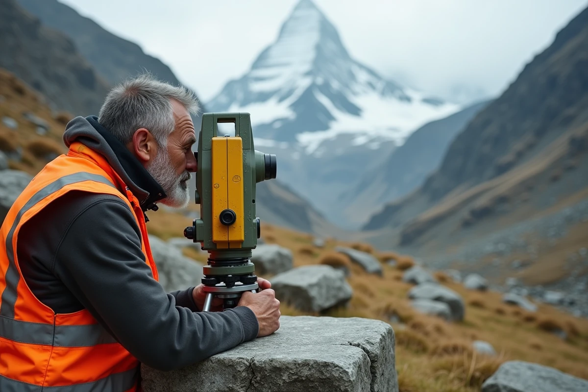 Géomètre utilisant un théodolite de précision pour mesurer l'altitude d'un sommet montagneux dans une vallée alpine