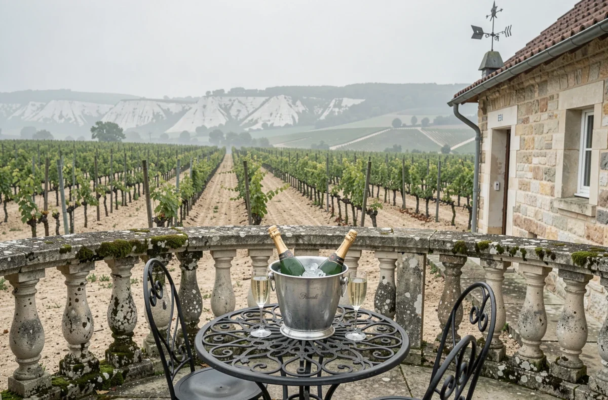 Terrasse du Gîte La Berquillotte Pré en Bulles à Trépail avec vignes champenoises et flûtes de champagne en plein air