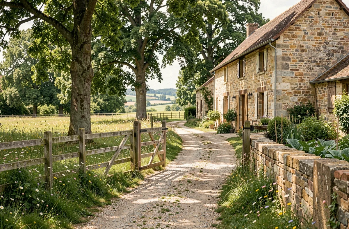 Façade en pierre du Gîte La Martinerie à Mangiennes entourée de prairies fleuries et de chênes dans la campagne lorraine