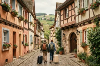 Couple se promenant dans un village alsacien typique avec des maisons à colombages, symbolisant les gîtes du Grand Est