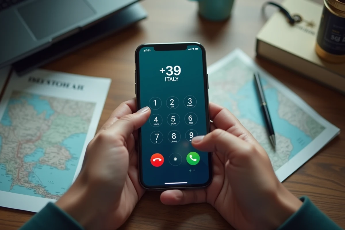 Gros plan sur des mains composant le code téléphonique international 39 pour joindre un correspondant en Italie