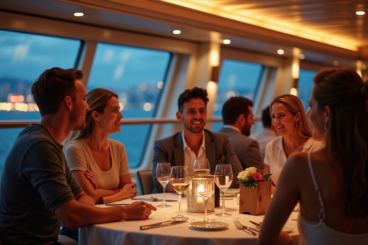 Groupe d amis en tenue chic dans salle de restaurant moderne