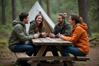 Groupe d'amis en randonnée jouant aux cartes en plein air