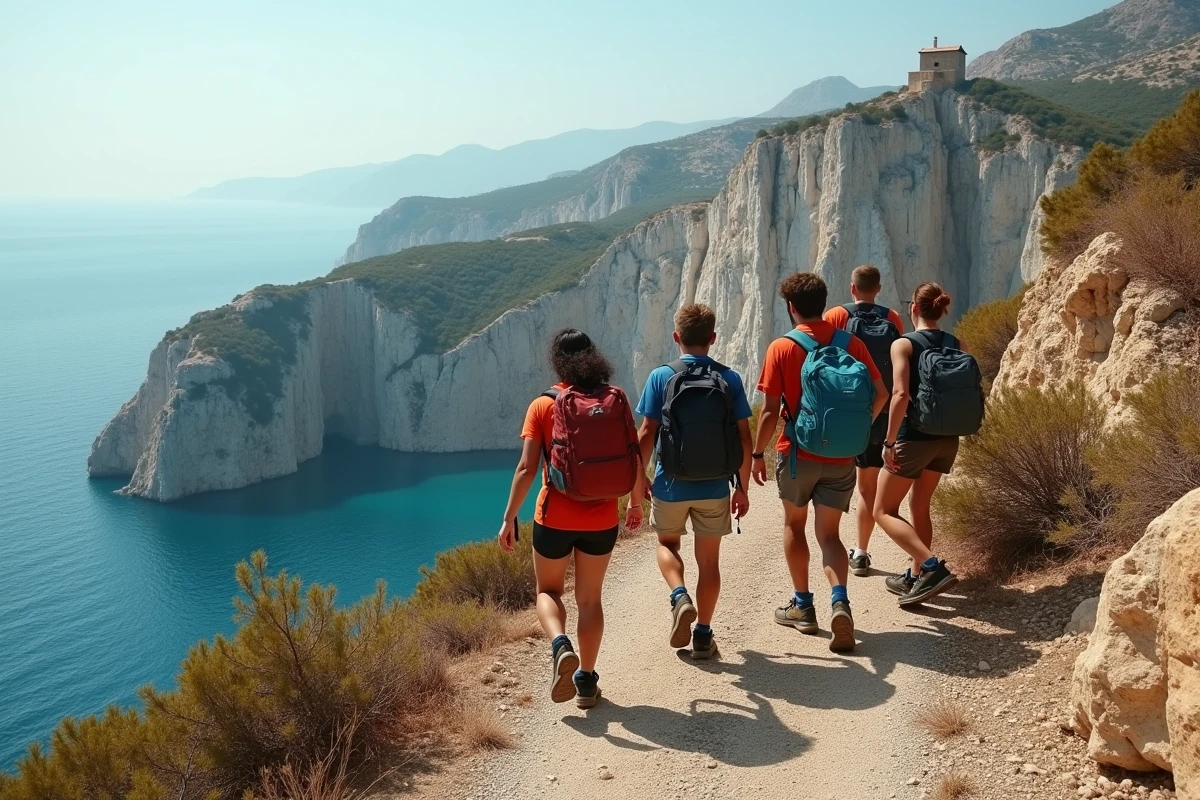 Groupe d'amis en randonnée sur le sentier côtier sauvage près d'Areopoli dans le Magne en Grèce