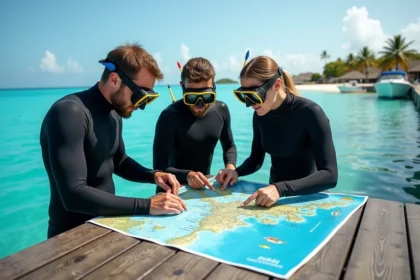 Groupe de plongeurs examinant une carte sous l'eau en Caraibes