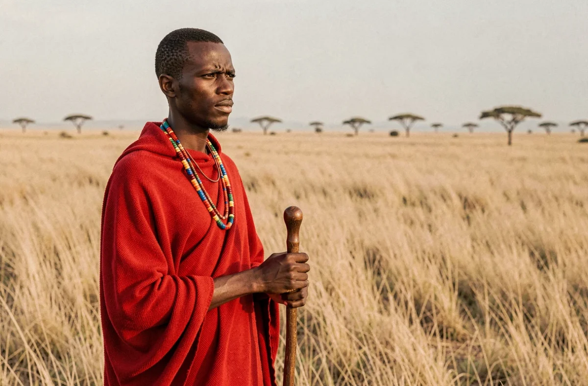 Guide Maasai en tenue traditionnelle contemplant la plaine du Serengeti en Tanzanie