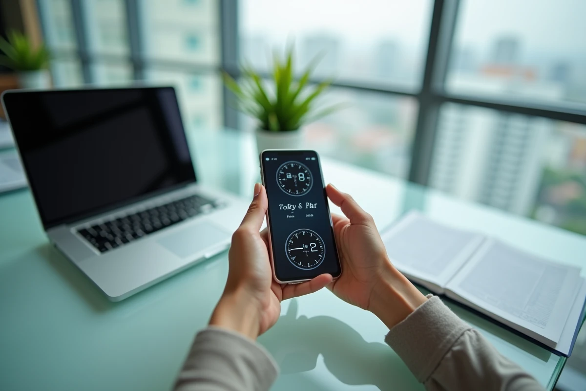 Mains tenant un smartphone affichant les fuseaux horaires de Tokyo et Paris sur un bureau professionnel