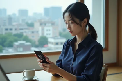 Jeune femme japonaise consultant l'heure de Tokyo sur son smartphone dans un appartement moderne