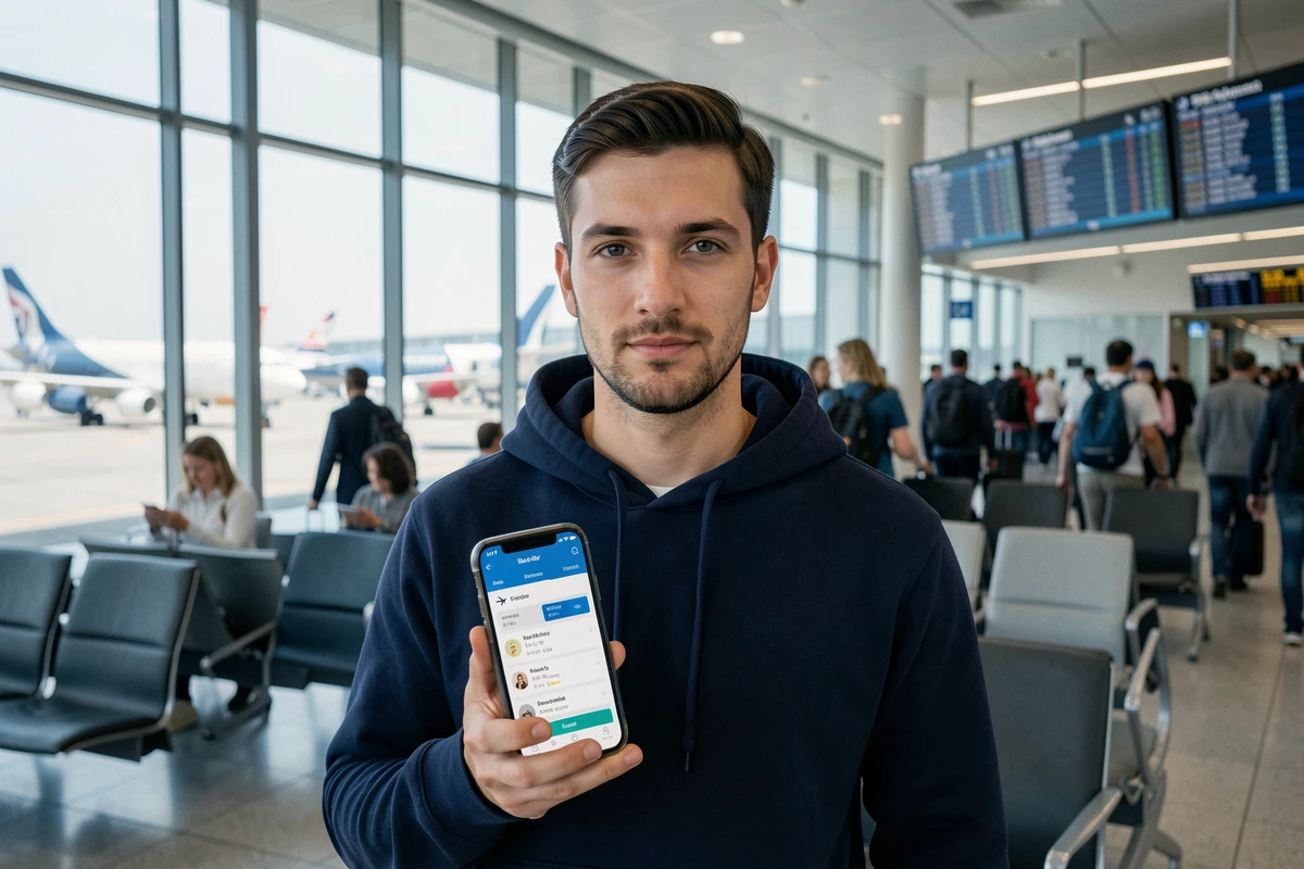 Homme consultant Google Flights sur smartphone dans un aéroport pour trouver des billets d'avion abordables