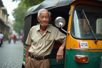 Homme âgé asiatique avec tuk tuk ancien en extérieur
