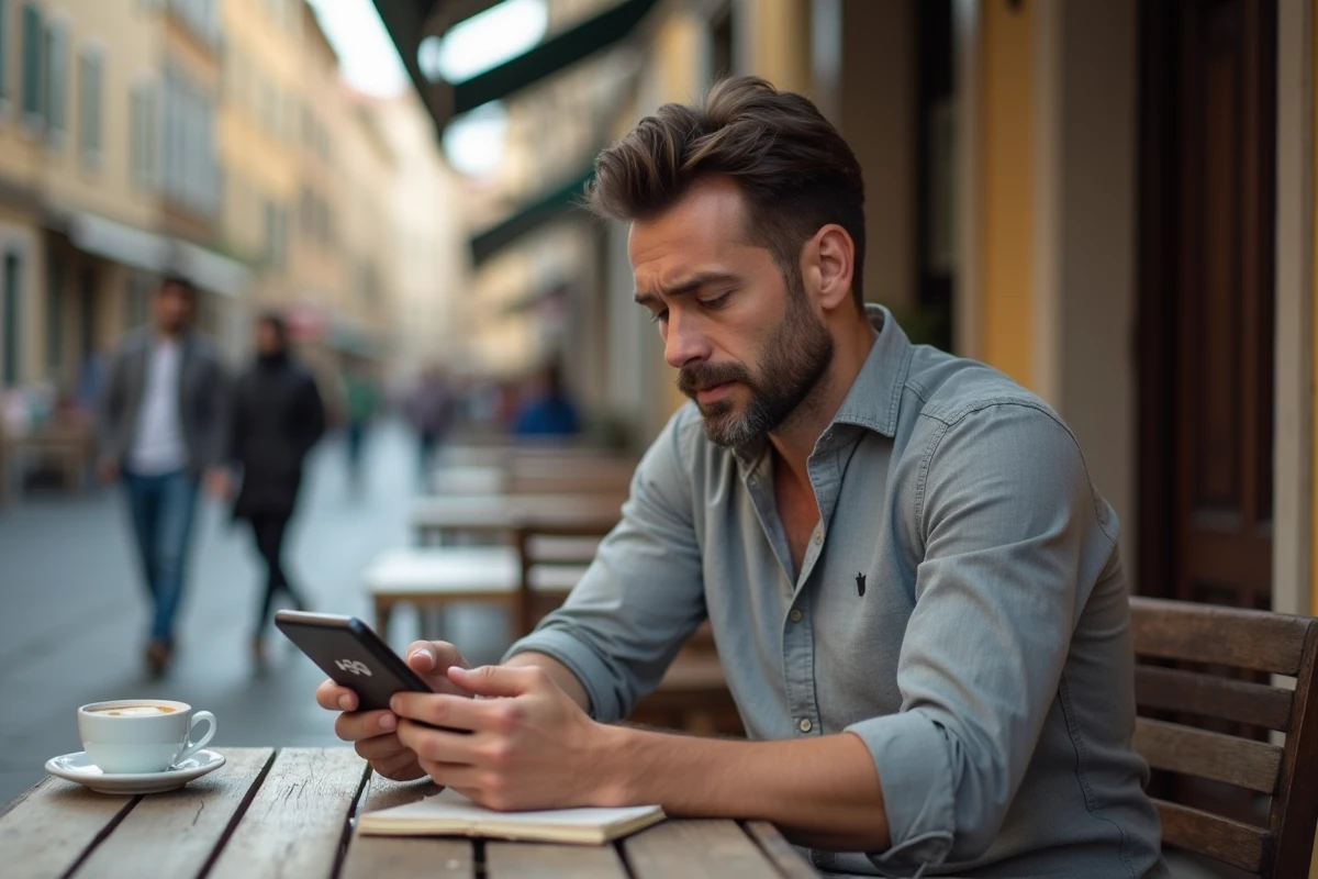 Homme composant un numéro de téléphone avec l'indicatif international 39 pour appeler l'Italie depuis un café en ville