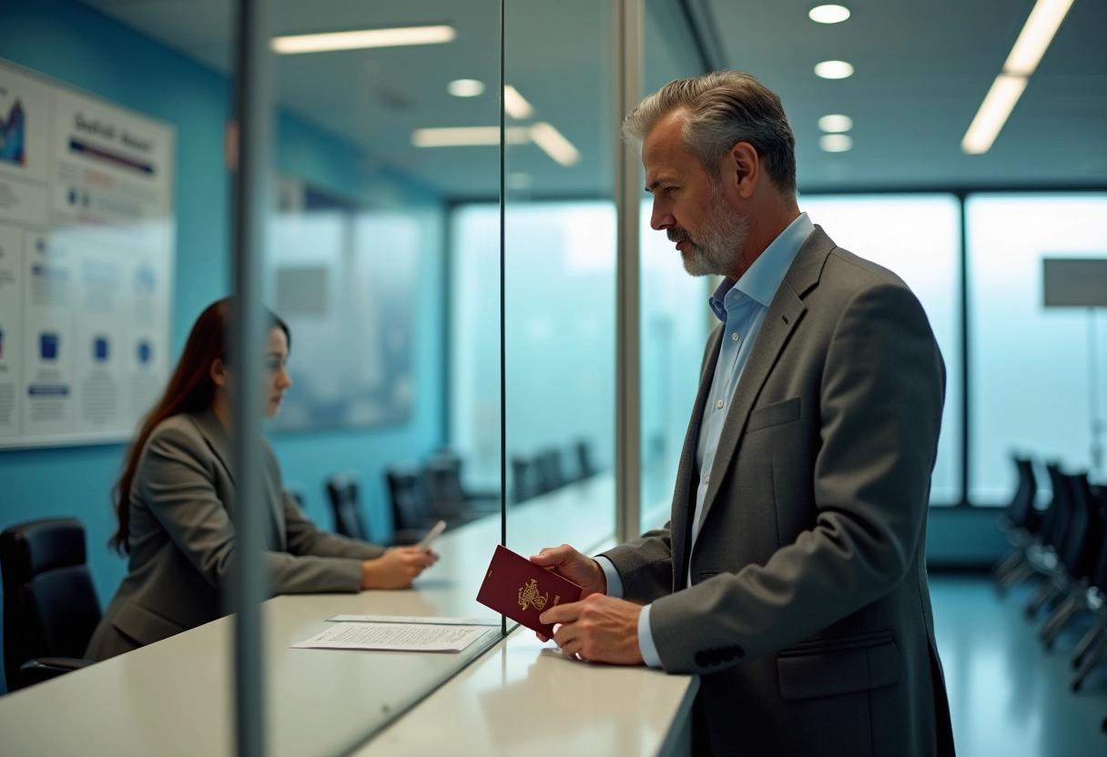 Homme remettant son passeport à un agent au guichet