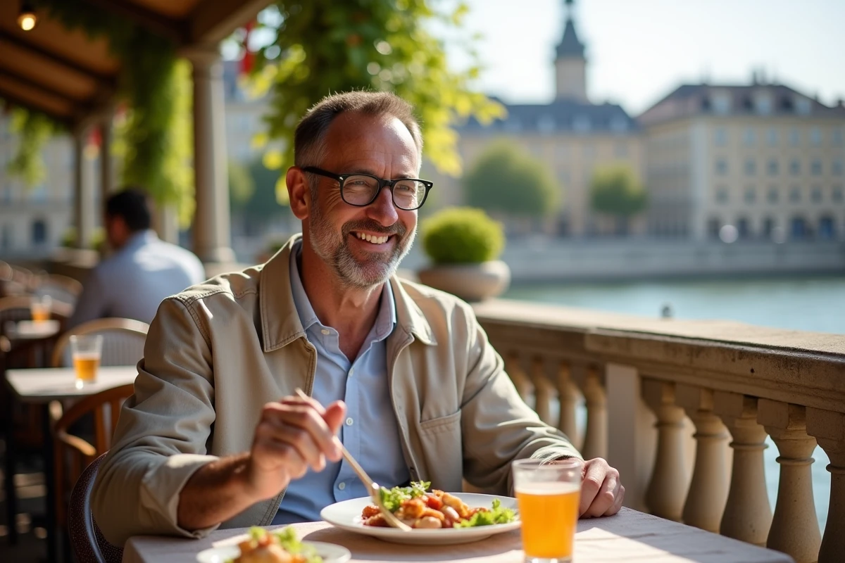 Homme dégustant un repas lyonnais en terrasse