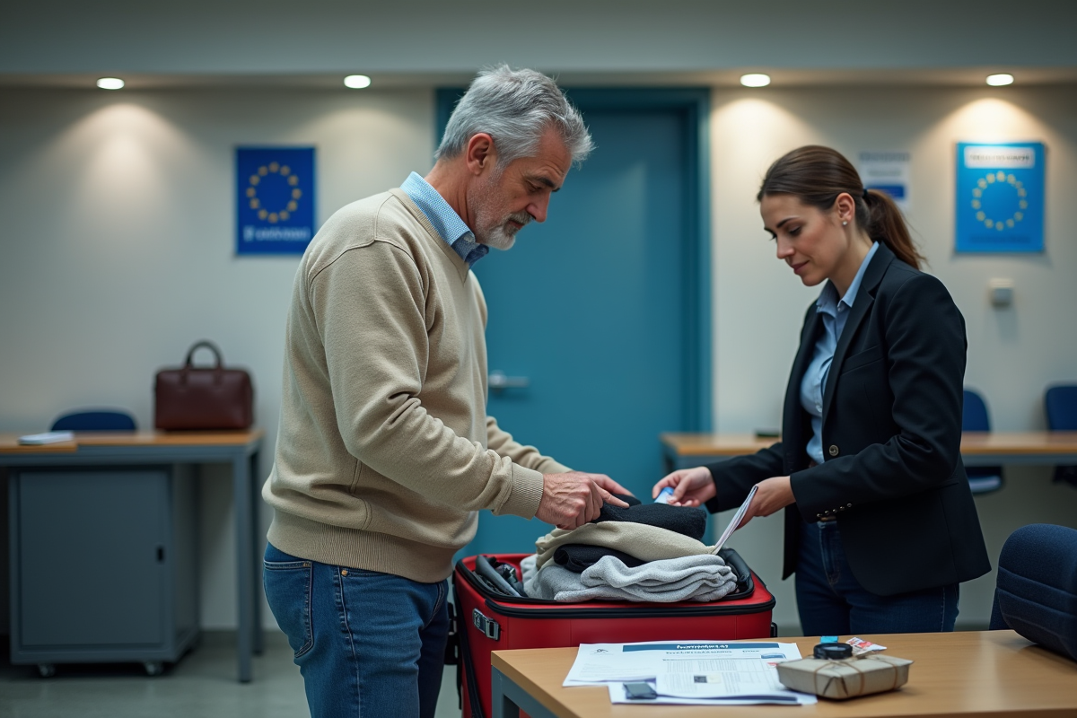 Homme unpackant sa valise en douane europeenne