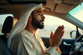 Homme musulman récitant la duaa du voyage les mains levées dans une voiture avant un départ