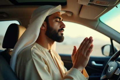 Homme musulman récitant la duaa du voyage les mains levées dans une voiture avant un départ