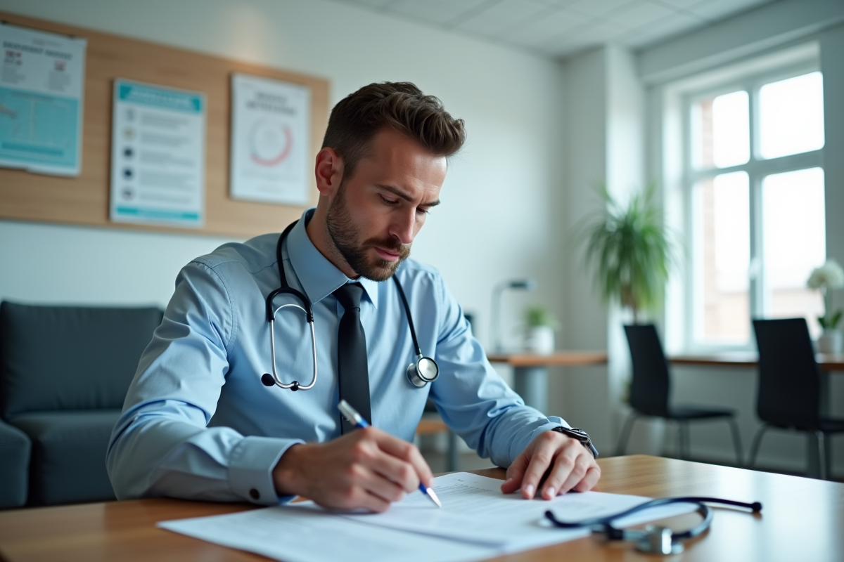 Homme remplissant formulaires médicaux en clinique