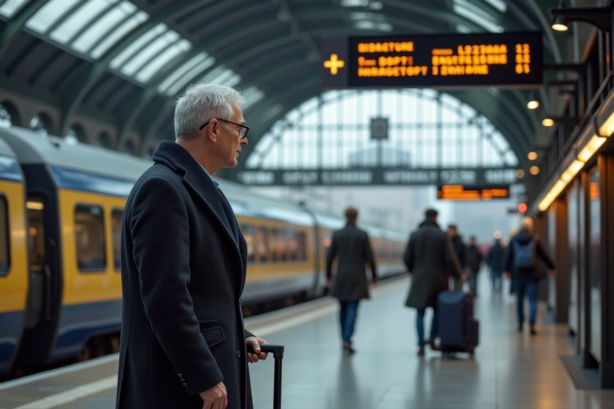 Homme vérifiant le tableau des départs à la gare de Londres