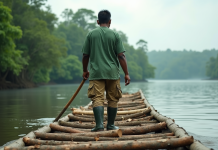 Homme indigene sur un radeau dans l'Amazonie verte