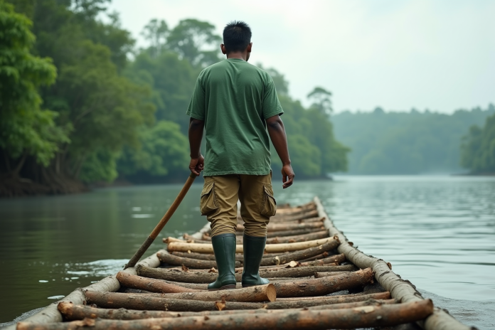 homme-indigenes-raft-amazon Homme indigene sur un radeau dans l'Amazonie verte