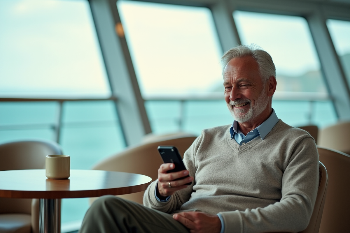 Homme détendu utilisant son smartphone dans un lounge de croisière