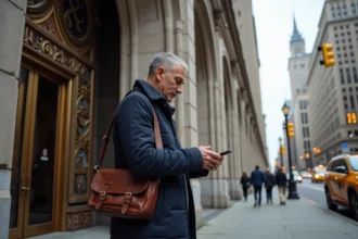 Homme vérifiant son téléphone devant le Woolworth Building à Manhattan