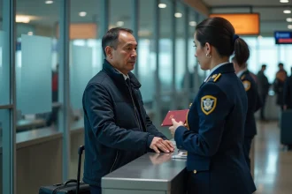 Homme d'âge moyen présentant son passeport à un agent de douane