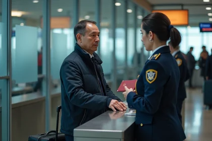 Homme d'âge moyen présentant son passeport à un agent de douane