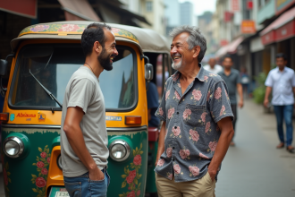 Homme souriant avec un tuk tuk coloré en ville