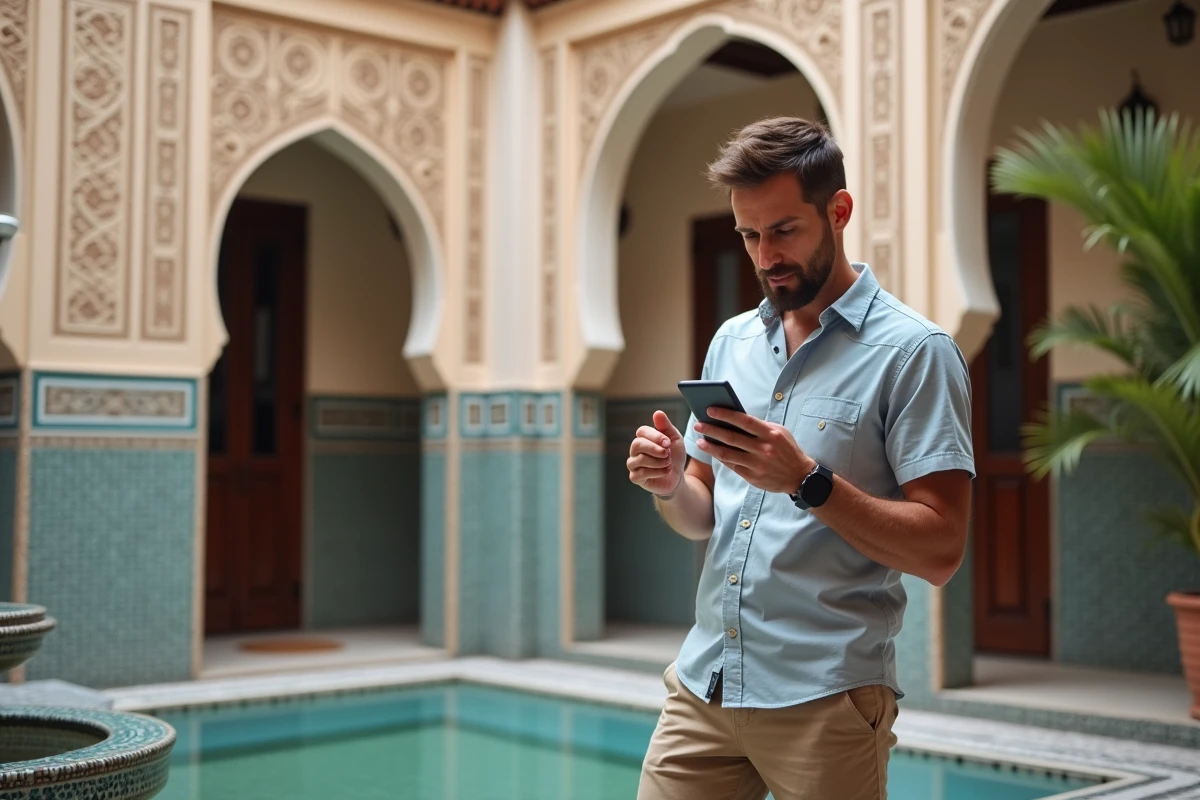 Homme avec carte SIM locale dans un riad marocain pour éviter le hors forfait