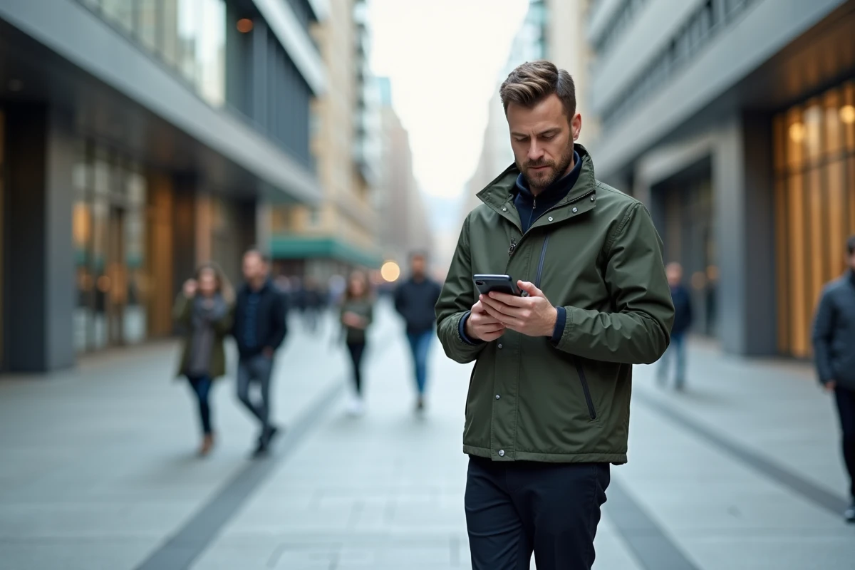 Homme consultant un smartphone pliable en milieu urbain, symbolisant les nouveaux usages technologiques et tendances mobiles attendus en 2026