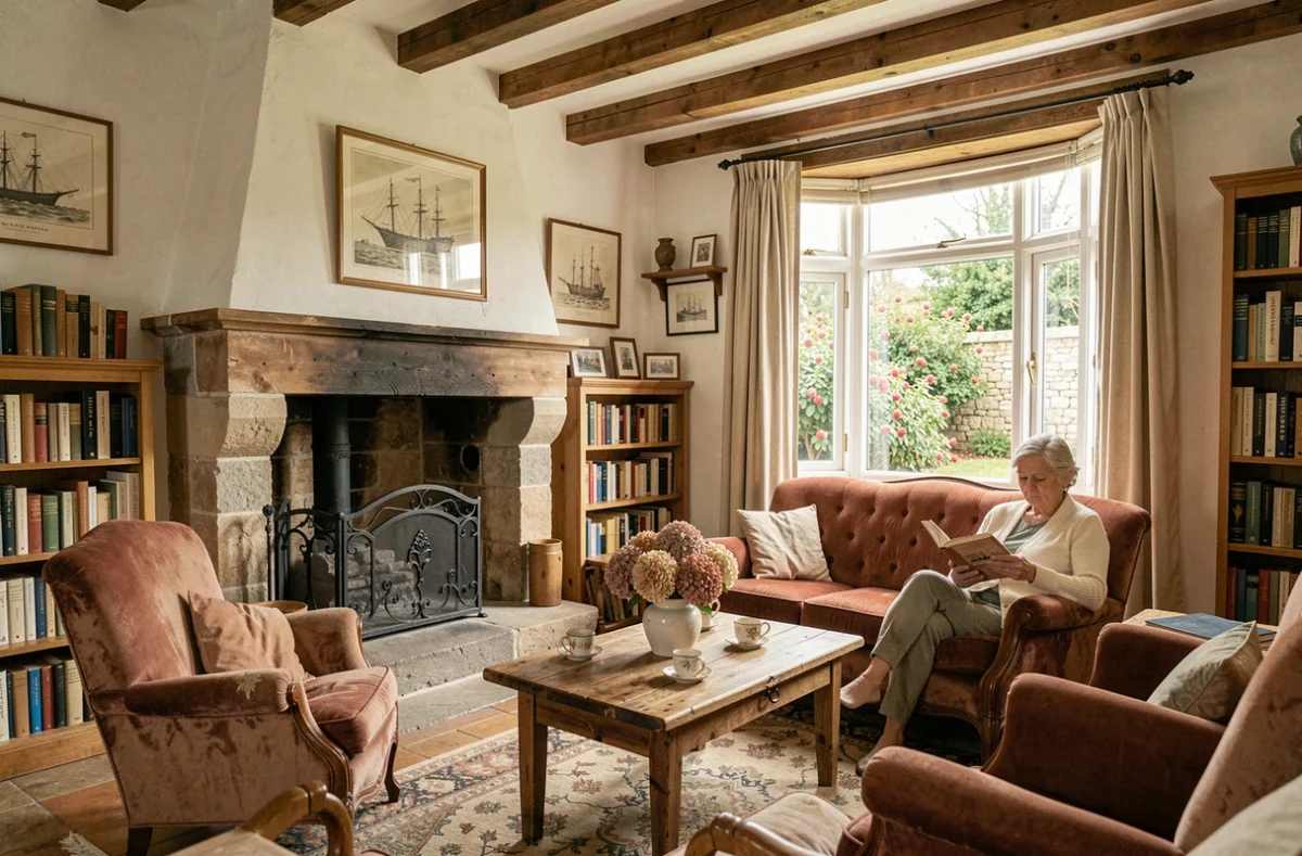 Salon chaleureux de l'Hôtel de la Chaize à Noirmoutier avec poutres en bois, cheminée en pierre, fauteuils dépareillés et femme lisant au coin du feu