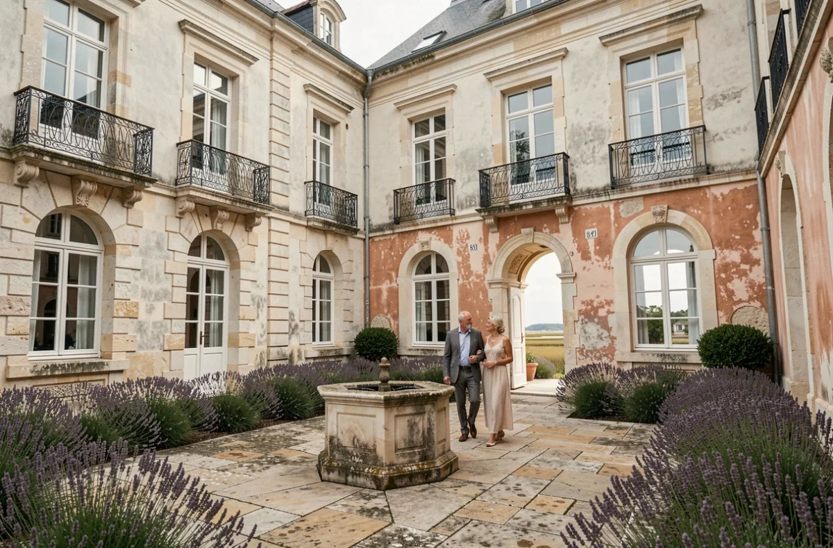 Cour intérieure en pierre de l'Hôtel Général d'Elbée à Noirmoutier, couple élégant se promenant entre lavandes et pavés anciens avec marais salants en fond