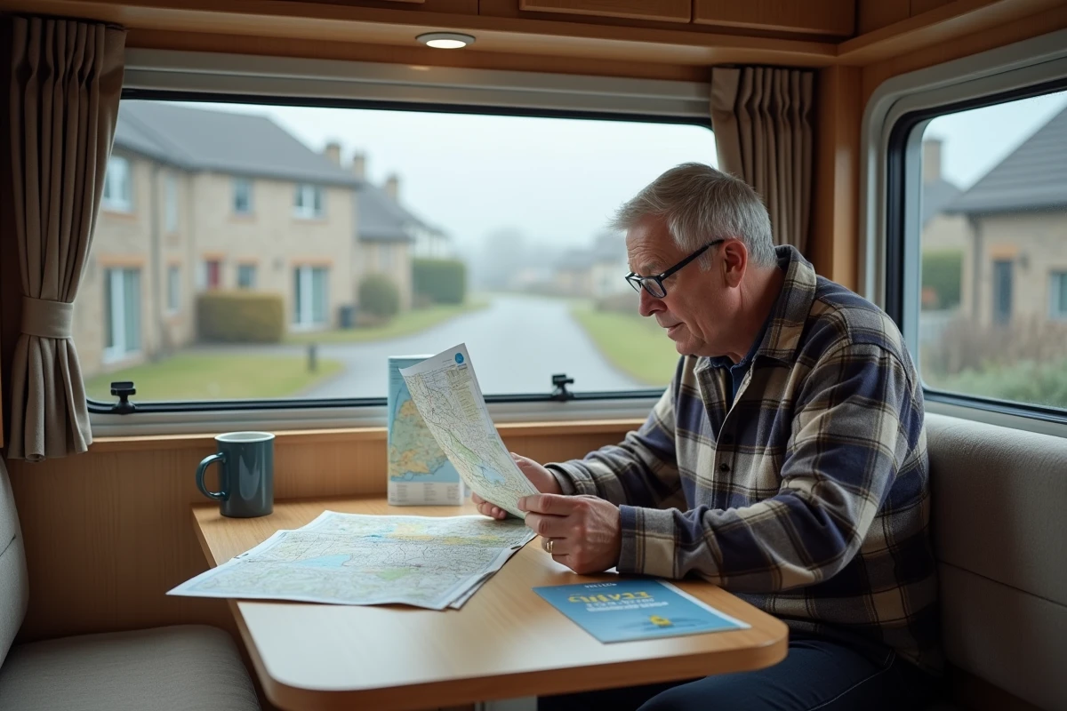 Voyageur en camping-car consultant une carte routière de l'île de Man assis à l'intérieur du véhicule