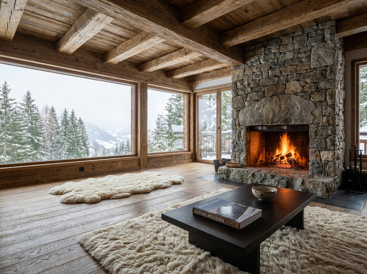 Intérieur chaleureux d'un chalet haut de gamme aux Arcs avec cheminée en pierre, poutres apparentes et vue sur les montagnes enneigées
