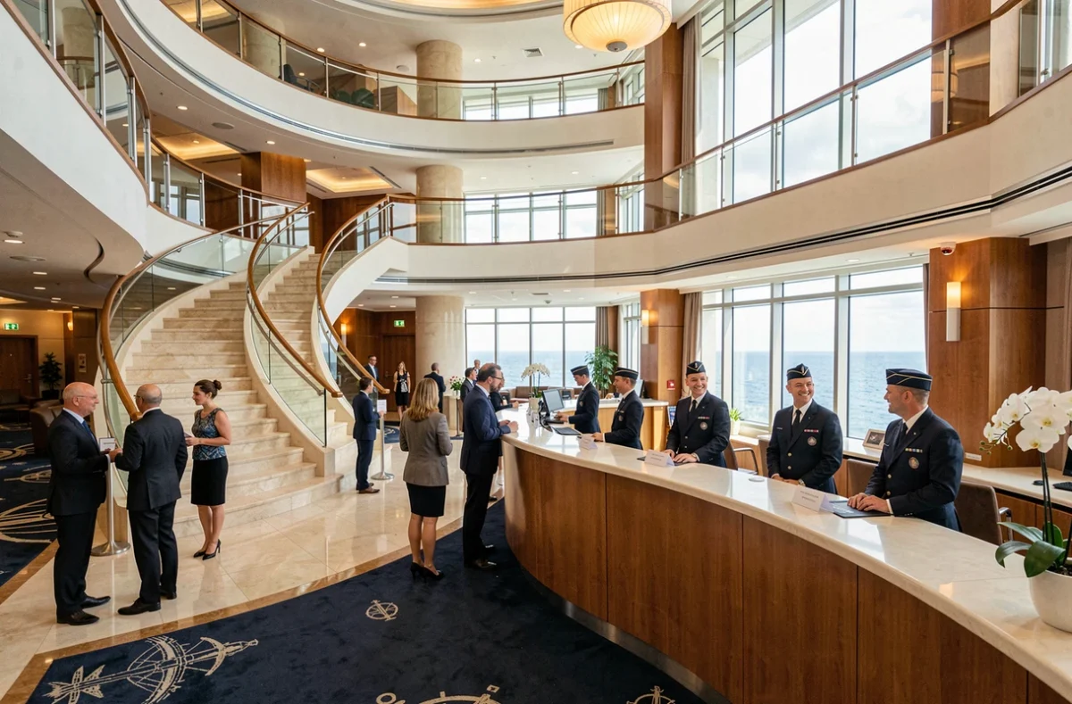 Hall d'accueil intérieur d'un paquebot de croisière avec passagers à la réception