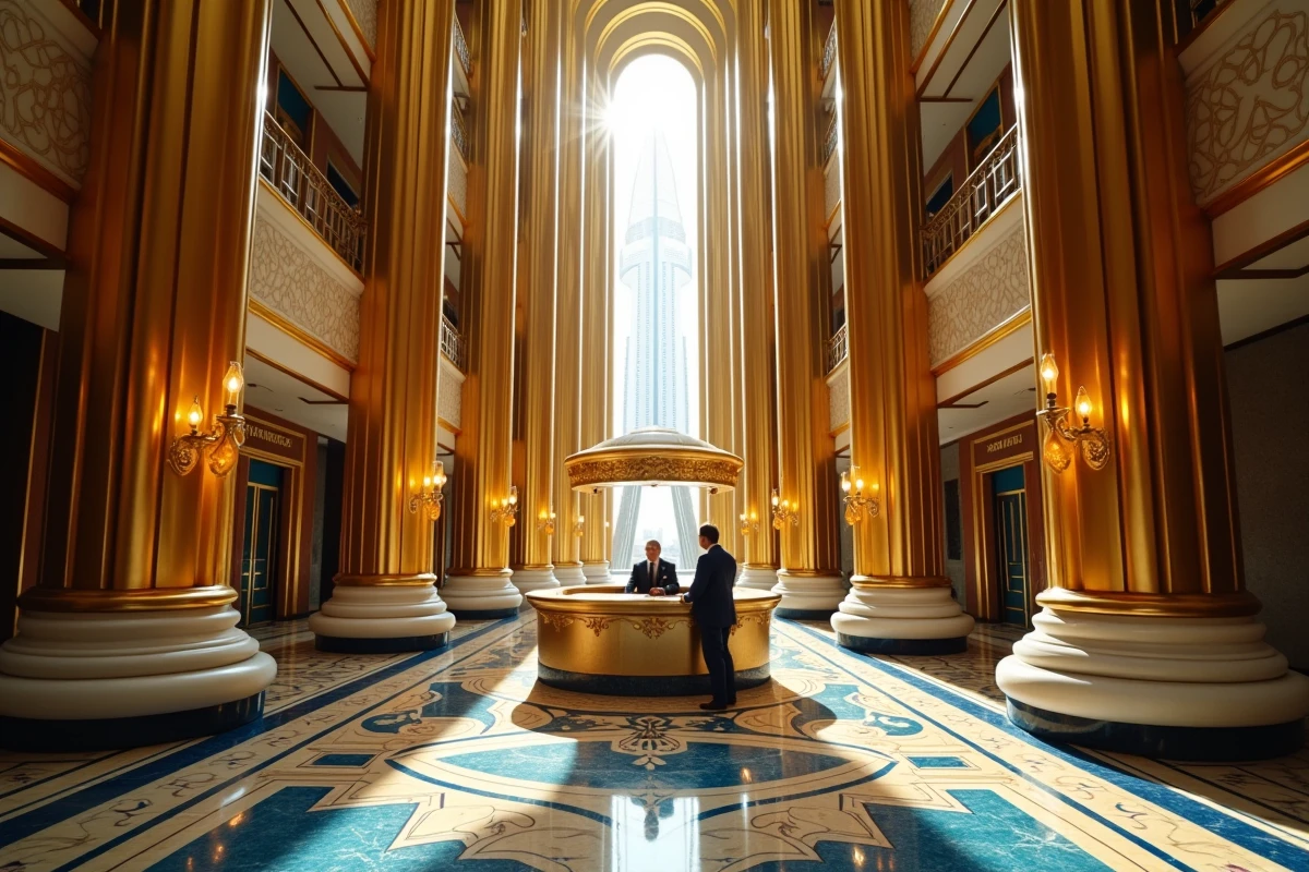 Intérieur luxueux d'un hall d'hôtel 5 étoiles à Dubaï reflétant le standing et le coût élevé d'un séjour au Burj Al Arab