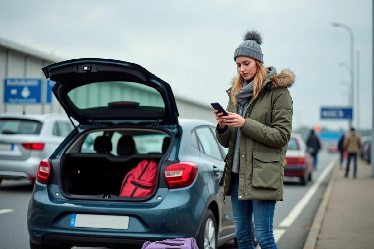 Jeune femme vérifiant son téléphone au terminal Eurotunnel